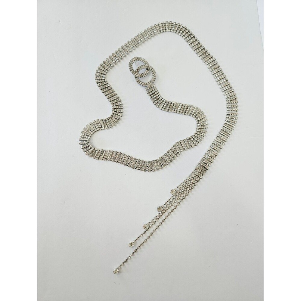 Clear Rhinestone Extra Long O-Ring Buckle Adjustable Tassel Chain Linked Belt 3X